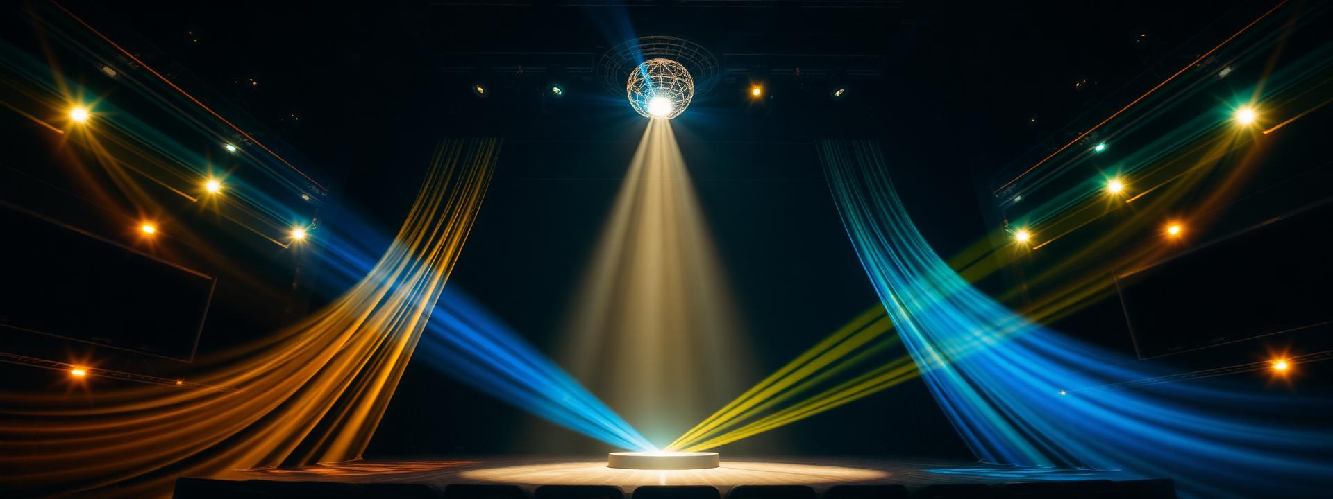 Nauvoo Cinema marquee: blue, yellow and green stage light waves sweeping toward a luminous network orb